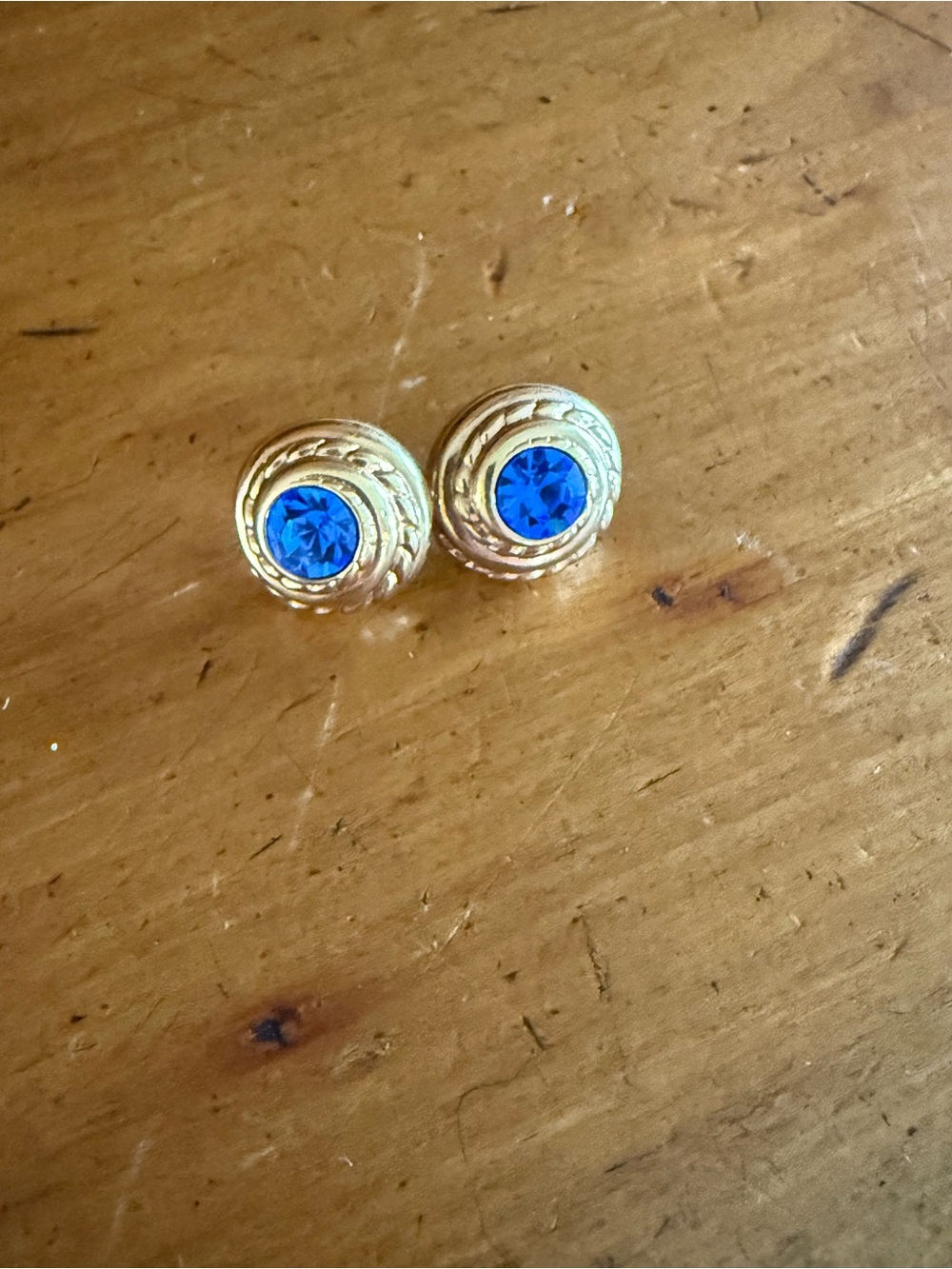 90’s Gold-Tone Earrings with Blue Crystal Center
